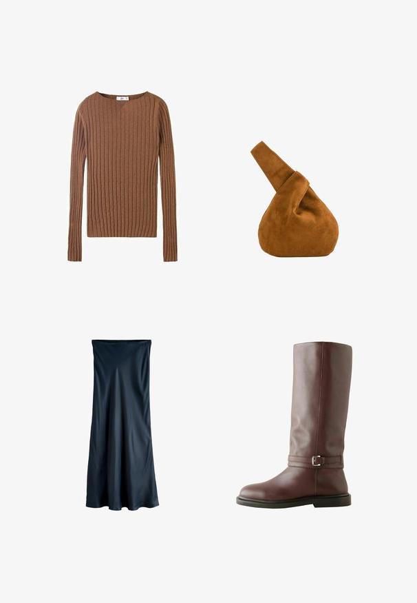Brun ribbet langærmet sweater med rund halsudskæring, der viser et tekstureret stof, som fremhæver lodrette linjer. Enkel og tætsiddende design.; Lang, mørk navyblå satin nederdel med en glat, flydende tekstur og let glans, vist på en hvid baggrund.; Brune læder knæhøje støvler med en glat overflade, der har en spænde-rems detalje ved anklen og en flad, holdbar sål.; Brun ruskindstaske med en enkelt bred rem, afrundet bund og blød, slap struktur mod en hvid baggrund.
