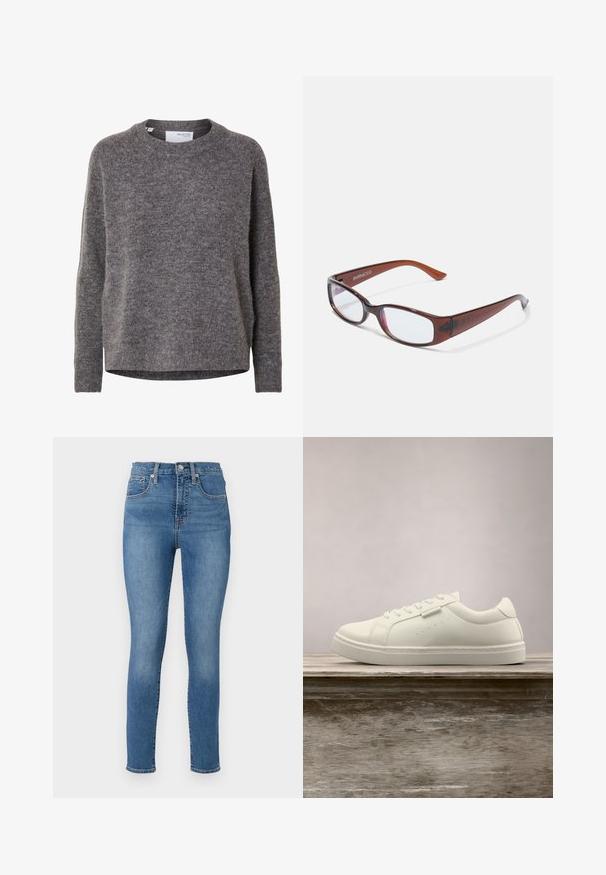 Dámsky sivý vlnený sveter s dlhým rukávom, okrúhlym výstrihom, rebrovanými manžetami a lemom, označený Selected Femme.; GAP SKINNY TALMA - Džínsy skinny fit - medium indigo; Biele kožené tenisky so šnúrkami nad drevenou lavicou, v pozadí sú rozmazané vysoké zelené trávy vonku.; Hnedé obdĺžnikové okuliare s lesklým povrchom, s štíhlymi rámami a priehľadnými šošovkami. Logo je viditeľné na ľavom ramene.