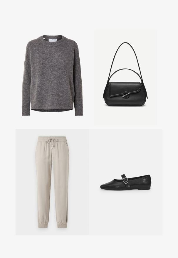 Pitkähihainen naisten harmaa villaneulepusero, jossa pyöreä kaula-aukko, resorit hihoissa ja helmassa, merkkinä Selected Femme.; Vaaleanbeige jogger-housut, jotka on valmistettu pehmeästä kankaasta. Niissä on joustava vyötärö, jossa on nyöri, sivutaskut ja joustavat hihnat.; Mustat nahkakengät, joissa on pyöreä kärki, yksi säädettävä solkiremmija sileä, kiiltävä pinta. Minimalistinen muotoilu ja matala korko.; Musta nahkainen käsilaukku pyöristetyillä reunoilla, epäsymmetrisellä läppäosalla, metallisella pyöreällä lukolla sekä lyhyillä ja pitkillä olkahihnoilla.
