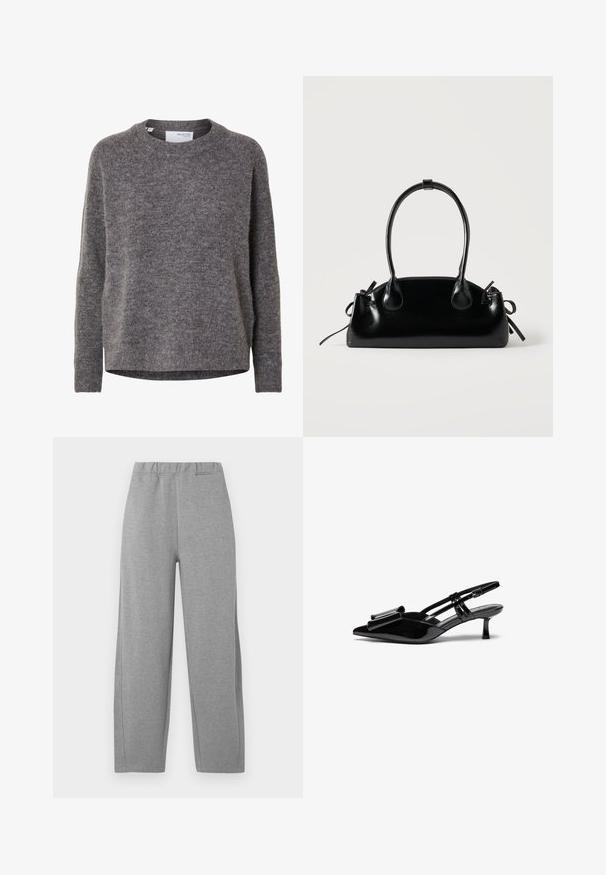 Langærmet grå uldsweater til kvinder med rund hals, ribstrikkede manchetter og kant, mærket Selected Femme.; Lysegrå joggingbukser med løs pasform, elastisk talje og sidesøm detaljer. Lavet af blødt, åndbart materiale. Simpelt design.; Sorte patenterede læderslingbacks med spids tå, en sløjfedetalje foran og en lille stilettohæle. Remmene har justerbare spænder.; Lille sort blank håndtaske med to lange håndtag og snøre-detaljer i siden på en ensfarvet lys baggrund.