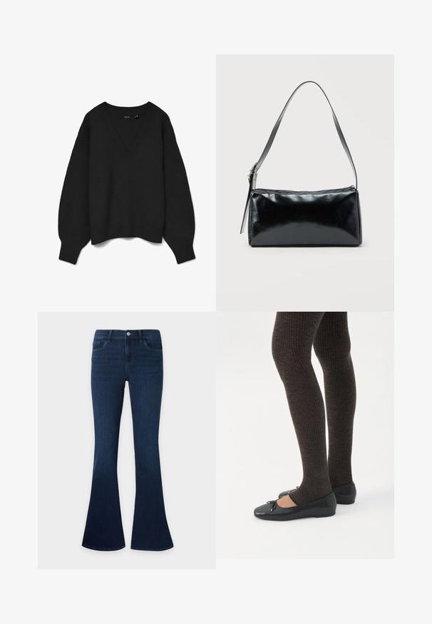Pull noir en tricot avec un col en V profond, épaules tombantes et poignets et ourlet côtelés. Texture douce avec une coupe oversize. Pas de motifs visibles.; Jean en denim bleu foncé avec une taille haute et des jambes évasées, avec poches avant, passants de ceinture et fermeture par bouton.; Jambes portant des leggings côtelés foncés associés à des ballerines noires avec de petits détails en nœud sur fond blanc.; Sac d'épaule rectangulaire noir avec une sangle réglable unique et une fermeture éclair supérieure sur un fond uni.