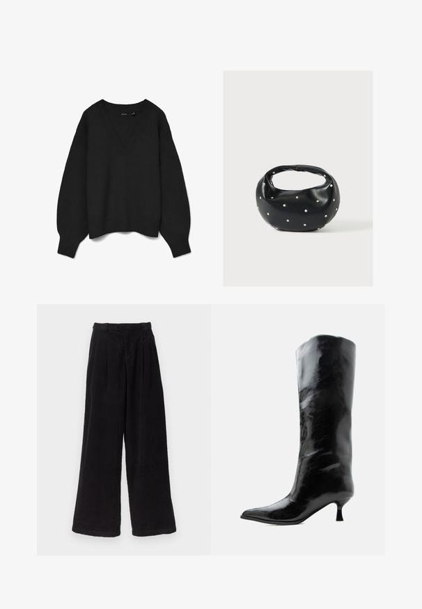 Pull noir en tricot avec un col en V profond, épaules tombantes et poignets et ourlet côtelés. Texture douce avec une coupe oversize. Pas de motifs visibles.; Pantalons en velours côtelé noir à jambes larges, présentant des plis à l'avant, une taille haute et une texture lisse. Les finitions de l'ourlet sont propres et simples.; Botte en cuir noire brillante, haute jusqu'au genou, avec bout pointu et talon bas courbé sur un fond clair uni.; Sac à main en cuir noir de forme arrondie, décoré de clous argentés et équipé d'une poignée courte. Texture lisse et fermeture éclair.