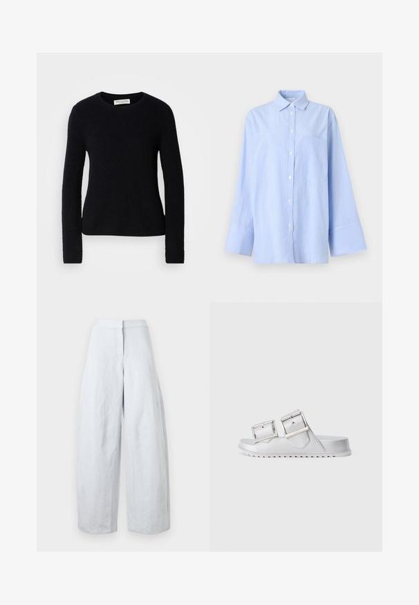 Zwarte longsleeve crewneck trui met een zachte, fuzzy textuur, slim fit en een Marc O’Polo label binnenin de kraag.; Lichtblauw overhemd met subtiele verticale strepen, lange mouwen, brede manchetten en een borstzak, afgebeeld tegen een effen achtergrond.; Wit linnen broek met hoge taille en brede pijpen, voorzien van een knoop- en ritssluiting aan de voorkant, weergegeven tegen een effen achtergrond.; Zilveren sandalen met twee brede verstelbare banden, een gestructureerd materiaal en een platte zool met een zigzagpatroon aan de onderkant.