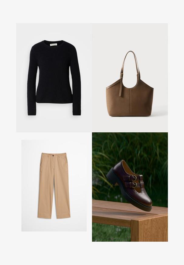 Zwarte longsleeve crewneck trui met een zachte, fuzzy textuur, slim fit en een Marc O’Polo label binnenin de kraag.; Beige katoenen broek met rechte pijpen, een knoopsluiting aan de voorkant en een gladde textuur. Voorzien van standaard riemlussen en een platte voorkant.; Donkerbruine leren schoen met dubbele gespbanden, geperforeerde details en dikke zwarte zool, hangend boven een houten tafel buiten.; Bruine leren tote tas met verstelbare schouderriem en gouden gesp, gladde textuur, getoond tegen een effen witte achtergrond.