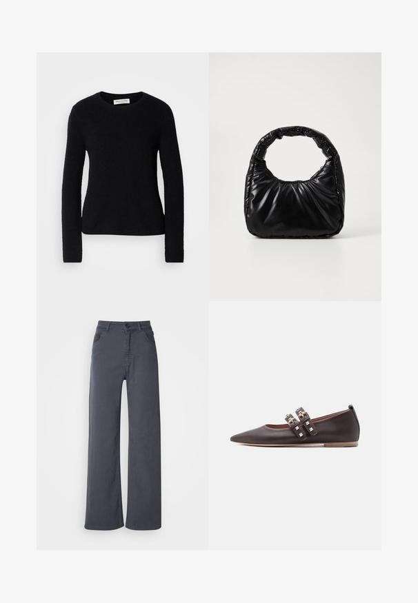 Zwarte longsleeve crewneck trui met een zachte, fuzzy textuur, slim fit en een Marc O’Polo label binnenin de kraag.; Donkergrijze recht gesneden broek met voorkruisen, ceintuurlussen, en een knoop- en ritssluiting op een witte achtergrond.; Donkerbruine platte schoenen met punten en dubbele bandjes met gouden gespen en piramide-studs, en een lage tan kleurige zool.; Zwarte gevoerde handtas met een ronde handgreep, met een gladde, glanzende oppervlakte en een zachte, gewatteerde textuur. Geen zichtbare metalen onderdelen of accenten.