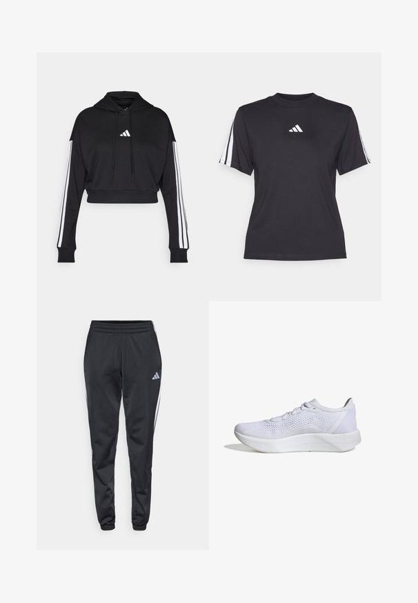 Sort cropped hoodie med en frontkangaroo-lomme, justerbare snore og hvide tre-stribe accenter på ærmerne. Har logo.; Sort atletisk T-shirt lavet af blødt stof, med rund halsudskæring, korte ærmer og tre hvide striber på hver skulder. Hvidt logo på brystet.; Sorte træningsbukser med elastisk talje, smalle ben og hvide sidelister. Har et lille gråt trefoil-logo på venstre lår.; Hvide sportssko med en åndbar mesh-overdel, snørebåndsdesign, polstret krave og en struktureret gummisål for bedre greb.