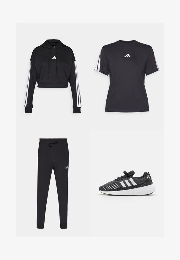 Sort cropped hoodie med en frontkangaroo-lomme, justerbare snore og hvide tre-stribe accenter på ærmerne. Har logo.; Sort atletisk T-shirt lavet af blødt stof, med rund halsudskæring, korte ærmer og tre hvide striber på hver skulder. Hvidt logo på brystet.; Sorte atletiske bukser lavet af blødt stof, med elastisk talje, tætsiddende ben og et lille hvidt Adidas-logo på venstre lår.; Sorte sportssko med en struktureret overdel, hvidt tre-stribe-design, gummiydersål og kontrasterende hvide detaljer på hælen.