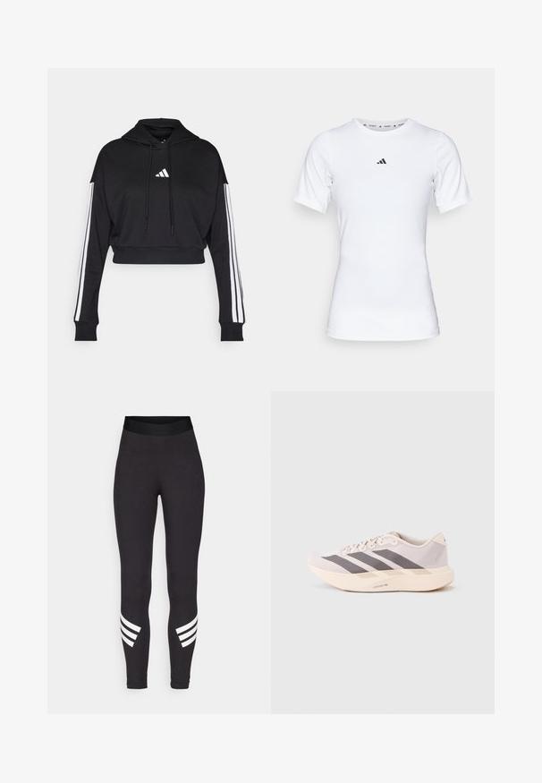Schwarzer, kurz geschnittener Hoodie mit einer vorderen Kängurutasche, verstellbaren Kordelzügen und weißen Drei-Streifen-Akzenten an den Ärmeln. Mit Logo.; Weißes Sportshirt mit kurzen Ärmeln, aus glattem, dehnbarem Stoff. Mit kleinem schwarzem Adidas-Logo auf der Brust.; Schwarze Leggings aus dehnbarem Stoff, mit einem breiten Bund und drei weißen horizontalen Streifen in der Nähe der Unterschenkel.; Leichte Sportsneaker in zartem Rosa und Grau mit einem Obermaterial aus Mesh, drei dunklen Streifen und einer dicken, cremefarbenen Sohle mit der Aufschrift "LIGHTSTRIKE PRO".