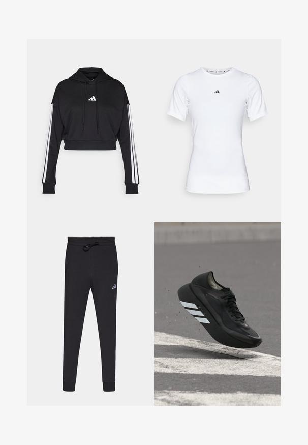 Schwarzer, kurz geschnittener Hoodie mit einer vorderen Kängurutasche, verstellbaren Kordelzügen und weißen Drei-Streifen-Akzenten an den Ärmeln. Mit Logo.; Weißes Sportshirt mit kurzen Ärmeln, aus glattem, dehnbarem Stoff. Mit kleinem schwarzem Adidas-Logo auf der Brust.; Schwarze Sporthose aus weichem Stoff, mit einem Kordelzugbund, schmal zulaufenden Beinen und einem kleinen weißen Adidas-Logo am linken Oberschenkel.; Schwarzer Laufschuh mit weißen Streifen auf der Sohle, schwebt über Asphalt mit weißen Straßenmarkierungen und wirbelt kleine Schmutzpartikel auf.