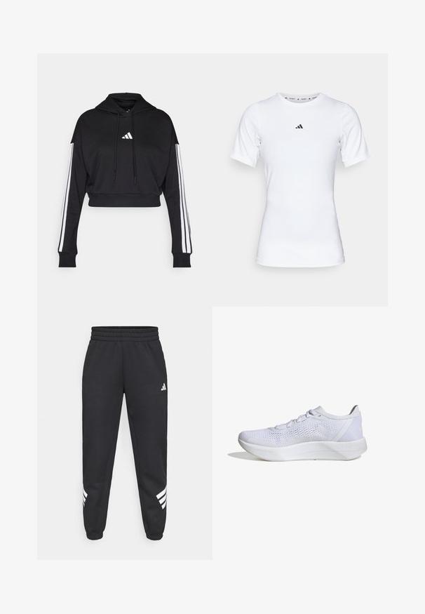 Zwarte cropped hoodie met een voorste kangaroo zak, verstelbare trekkoorden en witte drie-strepen accenten op de mouwen. Bevat een logo.; Witte sportshirt met korte mouwen, gemaakt van zachte, rekbare stof. Voorzien van een klein zwart Adidas-logo op de borst.; Zwarte sweatpants met een elastische tailleband, taps toelopende benen en een wit drie-strepenontwerp aan de zijkanten. Gemaakt van zachte stof.; Witte sportieve schoen met een ademend mesh bovenwerk, vetersluiting, gevoerde kraag en een gestructureerde rubberen zool voor grip.