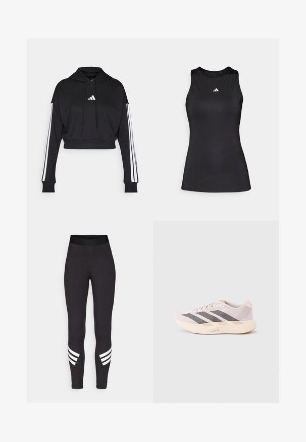 Sort cropped hoodie med en frontkangaroo-lomme, justerbare snore og hvide tre-stribe accenter på ærmerne. Har logo.; Sort ærmeløs atletisk top lavet af glat stof. Har en rund halsudskæring og et lille hvidt Adidas-logo på brystet.; Sorte leggings lavet af strækbart materiale, med en bred talje og tre hvide vandrette striber nær de nederste ben.; Letvægts atletiksneakers i lyserød og grå, med en mesh-overdel, tre mørke striber og en tyk cremefarvet sål mærket "LIGHTSTRIKE PRO."