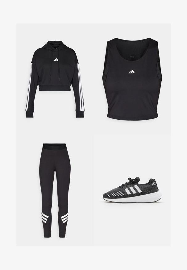 Schwarzer, kurz geschnittener Hoodie mit einer vorderen Kängurutasche, verstellbaren Kordelzügen und weißen Drei-Streifen-Akzenten an den Ärmeln. Mit Logo.; Schwarzes Sport-Crop-Top aus feuchtigkeitsableitendem Material, mit rundem Halsausschnitt, ärmellosem Design und weißem Logo auf der Brust.; Schwarze Leggings aus dehnbarem Stoff, mit einem breiten Bund und drei weißen horizontalen Streifen in der Nähe der Unterschenkel.; Schwarze Sportschuhe mit einer strukturierten Oberseite, einem weißen Drei-Streifen-Design, einer Gummisohle und kontrastierenden weißen Akzenten an der Ferse.