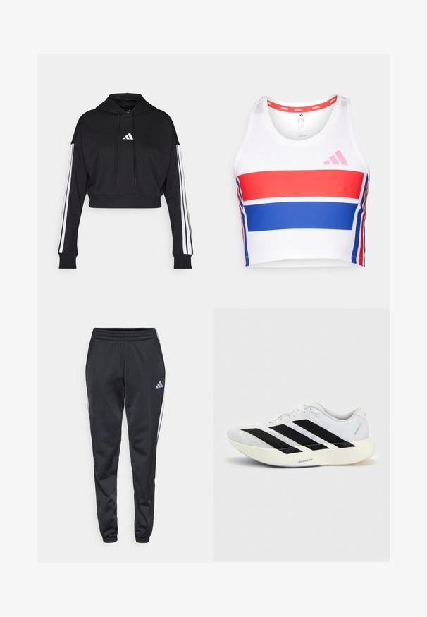 Zwarte cropped hoodie met een voorste kangaroo zak, verstelbare trekkoorden en witte drie-strepen accenten op de mouwen. Bevat een logo.; Korte atletische tanktop in het wit met rode en blauwe horizontale strepen. Voorzien van het roze adidas-logo, een ronde halslijn en een soepele stofstructuur.; Zwarte sportieve broek met een elastische tailleband, taps toelopende benen en witte zijkanten. Voorzien van een klein grijs trefoil-logo op de linker bovenbeen.; Witte hardloopschoen met zwart drie-strepen ontwerp aan de zijkant en dikke witte zool met label "Lightstrike Pro" op een effen achtergrond.