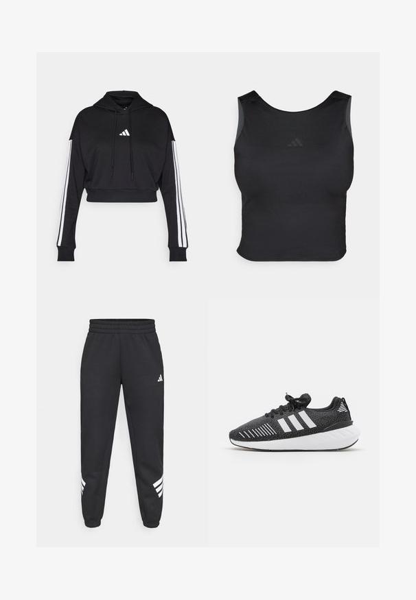 Sudadera corta negra con bolsillo tipo canguro frontal, cordones ajustables y acentos de tres rayas blancas en las mangas. Presenta un logo.; adidas Performance MOTION - Top - black; Pantalones de chándal negros con cintura elástica, piernas ajustadas y diseño de tres rayas blancas a los lados. Hechos de una tela suave.; Zapatillas deportivas negras con parte superior texturizada, diseño de tres franjas blancas, suela de goma y acentos blancos en el talón.