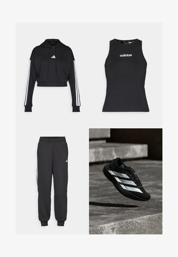 Schwarzer, kurz geschnittener Hoodie mit einer vorderen Kängurutasche, verstellbaren Kordelzügen und weißen Drei-Streifen-Akzenten an den Ärmeln. Mit Logo.; Schwarzes ärmelloses Oberteil aus Baumwolle mit einem runden Halsausschnitt und dem weißen "adidas"-Logo in der Mitte der Brust. Glatte Textur, normale Passform.; Schwarze Sporthosen mit einem elastischen Bund, schmal zulaufenden Knöcheln und weißen Seitenstreifen. Hergestellt aus weichem Stoff mit einer glatten Textur.; Schwarzer Laufschuh mit drei weißen Streifen schwebt in der Luft über Betontreppen und wirft darunter einen Schatten.