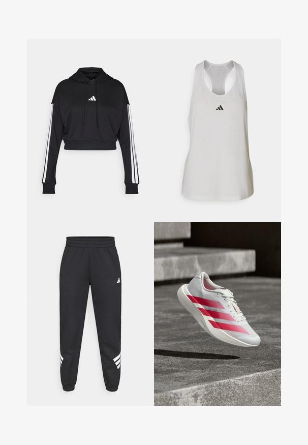 Must tee ülespoole lõigatud kapuutsiga, ees kangaroo tasku, reguleeritavad tõmblukud ja valged kolm riba varrukatel. Omab logo.; Valge sportlik tank-top, mis on valmistatud kergest kangast, millel on jooksjakraega disain ja väike must logo rinna kohal.; Mustad mustad põlvpüksid elastse vöökohaga, kitsenevad jalad ning valged kolm riba disain külgedel. Valmistatud pehmest kangast.; Valge jooksujalanõu, millel on kolm julget punast triipu, keset õhku betoonastmete kohal, mis näitab kerget disaini ja tekstureeritud tallaga.