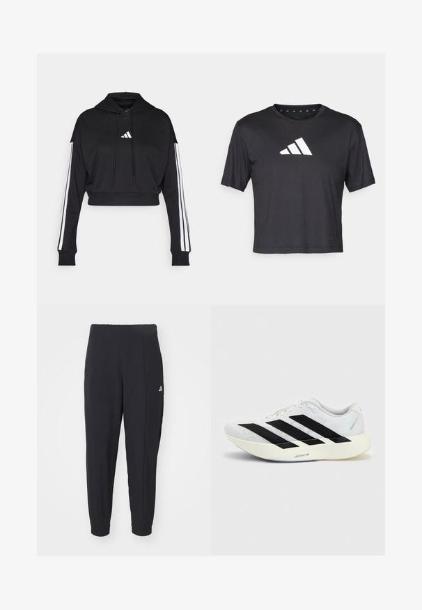 Sort cropped hoodie med en frontkangaroo-lomme, justerbare snore og hvide tre-stribe accenter på ærmerne. Har logo.; Sort cropped t-shirt lavet af glat stof, prydet med et hvidt Adidas-logo på brystet, rund halsudskæring og korte ærmer.; Sorte træningsbukser lavet af et glat stof. Taperet design med elastiske manchetter. Har et lille hvidt logo på venstre hofte.; Hvid løbesko med sort tre-stribet design på siden og tyk hvid sål mærket "Lightstrike Pro" på ensfarvet baggrund.