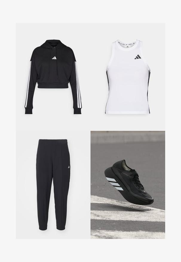 Schwarzer, kurz geschnittener Hoodie mit einer vorderen Kängurutasche, verstellbaren Kordelzügen und weißen Drei-Streifen-Akzenten an den Ärmeln. Mit Logo.; Weißes sportliches Tanktop mit schwarzen Seitenakzenten und Logo. Verfügt über einen rund ausgeschnittenen Halsausschnitt und eine figurbetonte Passform, hergestellt aus leichtem, atmungsaktivem Material.; Schwarze Sporthosen aus einem glatten Stoff. Tapered-Design mit elastischen Bündchen. Mit kleinem weißen Logo an der linken Hüfte.; Schwarzer Laufschuh mit weißen Streifen auf der Sohle, schwebt über Asphalt mit weißen Straßenmarkierungen und wirbelt kleine Schmutzpartikel auf.