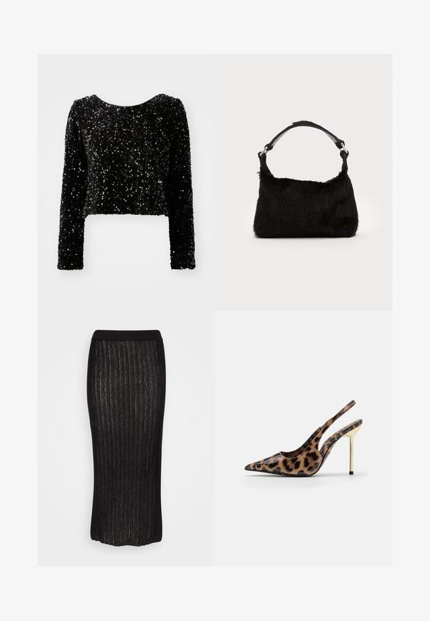 Sort, cropped langærmet top lavet af pailletstof, med en rund halsudskæring og en struktureret overflade af glitrende pailletter.; Weekday ADA LONG SKIRT - Pencil skirt - black; ALDO PUCKERUP - Højhælede pumps - brown; Sort faux fur håndtaske med en blød tekstur, rund form og en robust skulderrem i sort læder. Synlige sølvhardware-detaljer.