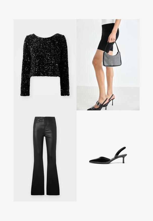 Sort, cropped langærmet top lavet af pailletstof, med en rund halsudskæring og en struktureret overflade af glitrende pailletter.; Sorte flared bukser lavet af glat, skinnende materiale. Har frontlommer og knaplukning. Skræddersyet pasform gennem talje og hofter.; Sorte patentlæder slingback hæle med spids tå, lav stiletto hæl og et elegant, enkelt design uden pynt.; Sort perlehandtaske med en buet silhuet, bærehåndtag og blank overflade. Båret med højhælede sorte sko og tætsiddende sorte shorts.