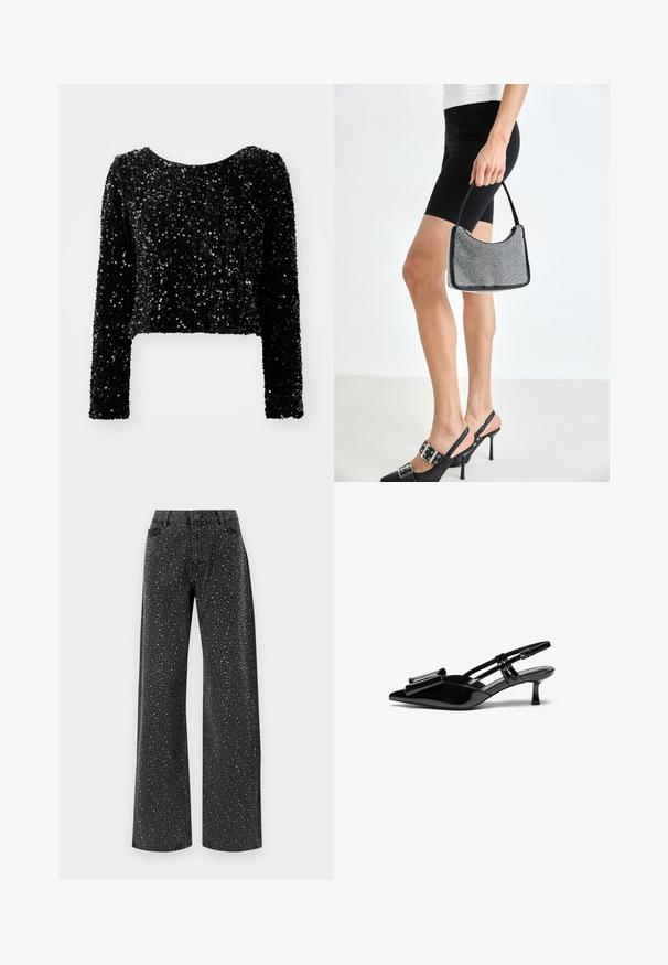 Sort, cropped langærmet top lavet af pailletstof, med en rund halsudskæring og en struktureret overflade af glitrende pailletter.; Noisy May Rhinestone - Jeans Relaxed Fit - black denim; Sorte patenterede læderslingbacks med spids tå, en sløjfedetalje foran og en lille stilettohæle. Remmene har justerbare spænder.; Sort perlehandtaske med en buet silhuet, bærehåndtag og blank overflade. Båret med højhælede sorte sko og tætsiddende sorte shorts.