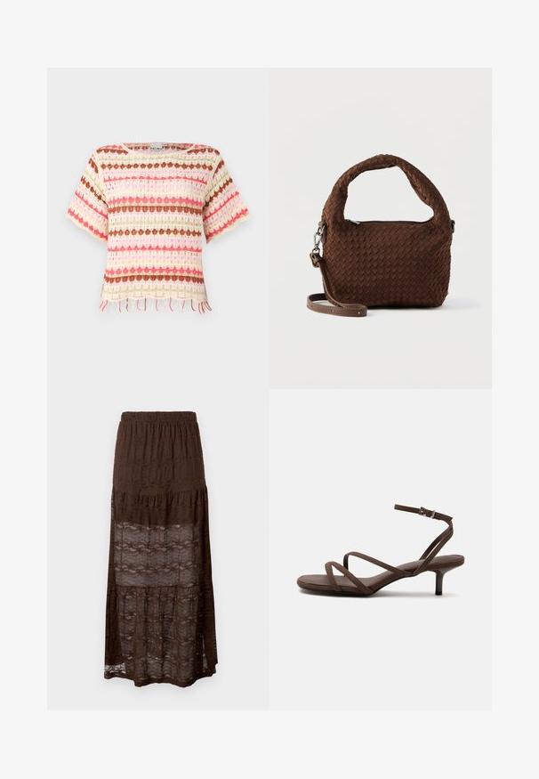 Blonde strikket top med farverige vandrette striber i pink, rød, grøn og brun. Korte ærmer og frynset kantdetalje.; Brun blonde maxi nederdel med lagdelt design, der har et smocked taljebånd og bølgede mønstre i stoffet. Letvægts og semi-gennemsigtig.; Brun højhælet sandal med tynde krydsede stropper og en ankelrem med en sølvspænde på en hvid baggrund.; Brun vævet håndtaske med et rundt håndtag, sølvfarvede detaljer og en justerbar rem. Har lynlåslukning og en struktureret overflade.