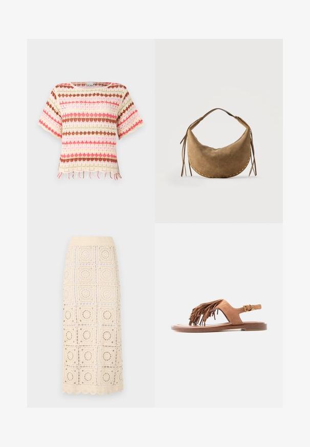 Top en dentelle tricoté avec des rayures horizontales colorées en rose, rouge, vert et marron. Manches courtes et détail de bord frangé.; Malina KAHLO - Jupe longue - cream; Sandale plate en daim marron avec décoration en franges sur la bride avant et fermeture à boucle dorée sur la bride de la cheville, vue de côté sur fond blanc.; Sac à main en daim marron en forme de croissant avec une poignée courte, des clous dorés le long des bords et des glands en cuir de chaque côté.
