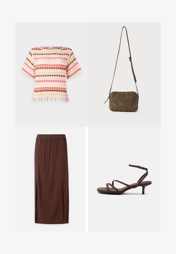 Top en dentelle tricoté avec des rayures horizontales colorées en rose, rouge, vert et marron. Manches courtes et détail de bord frangé.; Jupe midi marron avec ceinture élastique et fentes latérales, fabriquée en tissu léger.; Sandale marron à talons hauts avec fines lanières croisées et bride de cheville avec boucle argentée sur fond blanc.; Sac bandoulière en daim marron avec un motif losange tissé et une longue sangle réglable sur un fond uni.