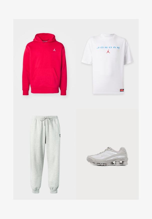 Rød hoodie lavet af blødt stof, med en kængurulomme og et lille hvidt logo på brystet. Ribbede manchetter og kant.; Hvid t-shirt med korte ærmer med lyseblå "JORDAN" tekst og lille rød Jumpman-logo centreret på brystet og et lille mærke nær bundkanten.; Lysegrå joggingbukser lavet af blødt materiale med elastik i taljen, snøre og ribkant ved benene; har en lille logo på siden.; Grå og hvid atletiksko med synlig luftpolstret sål og mesh-paneler, vist i profil på en ensartet lys baggrund.