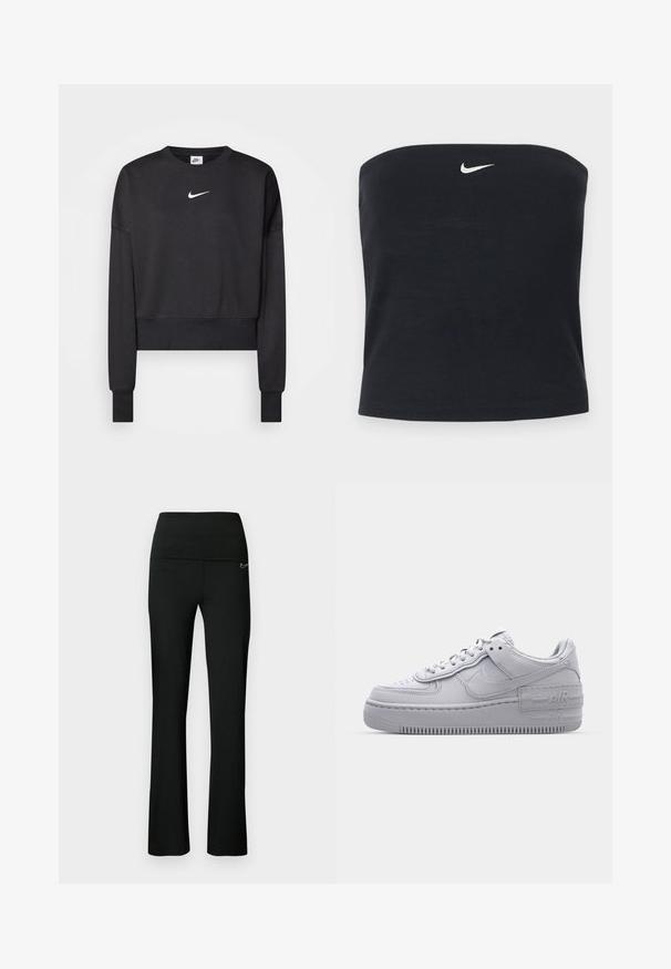 Schwarzer, verkürzter Sweatshirt aus Baumwollmischung mit Rundhalsausschnitt, langen Ärmeln und einem weißen Nike-Logo auf der Brust.; Schwarzes, trägerloses Nike Tube-Top mit weißem Swoosh-Logo, mittig nahe dem oberen Rand, einfarbiger Hintergrund.; Schwarze Sporthose mit tailliertem Bund und ausgestellten Beinen. Hergestellt aus elastischem Stoff, mit einem kleinen Logo an der Seite.; Graue Nike Air Force 1 Sneaker mit perforierter Zehenpartie, Obermaterial aus glattem Leder, dicker Sohle und geprägtem 'AIR'-Detail an der Ferse.
