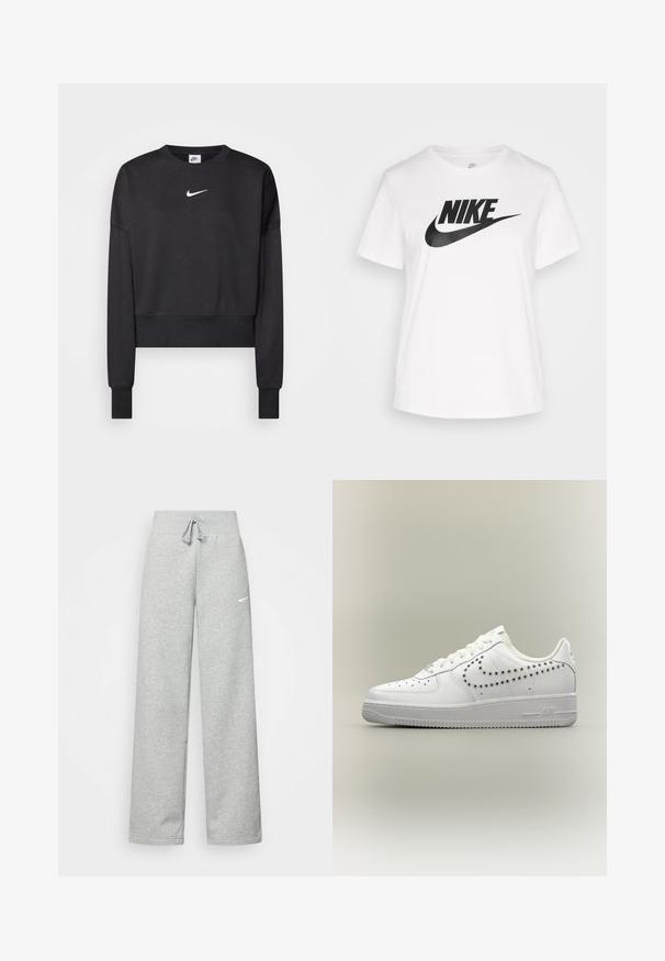 Mustat lyhyet hihatettu collegepaita, joka on valmistettu puuvillasekoitteesta. Paidassa on pyöreä kaula-aukko, pitkät hihat ja valkoinen Nike-logo rinnassa.; Valkoinen puuvillapaita, jossa on pyöreä pääntie, lyhyet hihat ja suuri musta Nike-logo tulostettuna rinnan kohdalle. Suuri teksti ja rento muotoilu.; Harmaat verkkarit, joissa on elastinen vyötärö, nauhaverhoilu ja pieni valkoinen Nike-logo vasemmassa reidessä. Pehmeä kangas, löysä istuvuus.; Valkoinen matala tennari, jossa sivulla Nike-swooshin rei'itetty kuvio, valkoiset nauhat ja teksturoitu pohja neutraalilla taustalla.