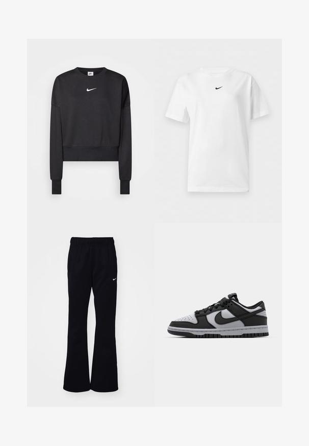 Zwarte cropped sweatshirt van een katoenmix, met een ronde halslijn, lange mouwen en een wit Nike-logo op de borst.; Wit T-shirt met korte mouwen en een ronde hals, met een klein zwart Nike Swoosh-logo centraal vlakbij de kraag.; Zwarte joggingbroek met een elastische tailleband, uitlopende pijpen, twee zijzakken en een wit Nike-logo aan de linkerkant.; Zwarte en grijze Nike Dunk lage sneakers met geperforeerde neus, gladde leren accenten en rubberen zool met een gestructureerd profiel.