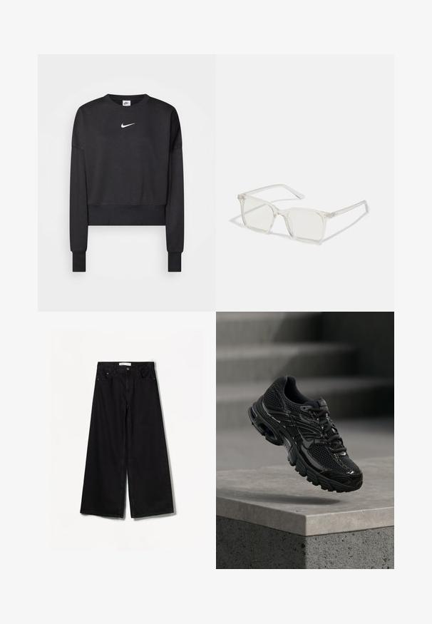 Sort cropped sweatshirt lavet af en blanding af bomuld, med rund halsudskæring, lange ærmer og et hvidt Nike-logo på brystet.; Sorte bredbenede jeans lavet af denim. Har en høj talje, for- og baglommer samt sølvfarvet hardware på knap- og lynlåslukningen.; Sort Nike løbesko med mesh og syntetisk overdel, der svæver over en betonoverflade og trin i baggrunden.; Klare plastiske briller med firkantet ramme og gennemsigtige linser, der har guld accenter på tempelstængerne for ekstra detaljer.