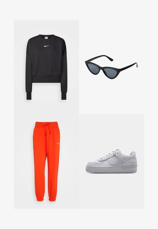 Sweatshirt noir court en mélange de coton, avec un col rond, des manches longues et un logo Nike blanc sur la poitrine.; Nike Sportswear W PHNX FLC HR OS - Pantalon de survêtement - picante red/sail; Basket en cuir lisse gris Nike Air Force 1 avec un bout perforé, une semelle épaisse et un détail 'AIR' en relief sur le talon.; Lunettes de soleil noires en forme d'œil de chat avec des verres gris foncé, monture en plastique élégante, coins pointus et branches droites. Pas de métal visible ni d'accents.