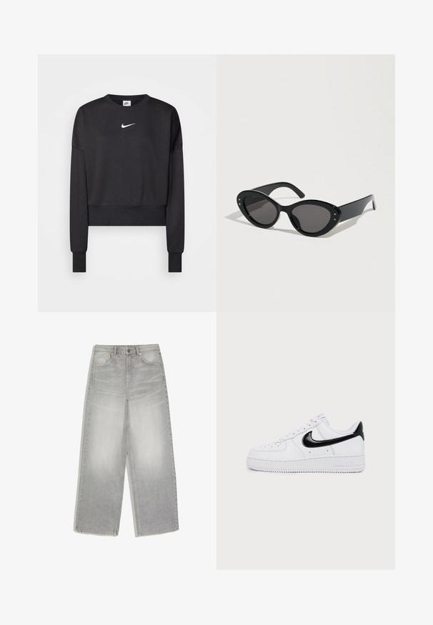 Čierna krátka mikina vyrobená z bavlnenej zmesi, s okrúhlym výstrihom, dlhými rukávmi a bielym logom Nike na hrudi.; Svetlošedé džínsy so širokými nohavicami, prednými vreckami a zapínaním na gombíky, položené na bielom pozadí.; Biele nízke tenisky s čiernym logom Nike a detailom na päte, šnurovačkový dizajn a perforovaná špička na jednoduchom svetlom pozadí.; Čierne slnečné okuliare s veľkým tvarom pripomínajúcim mačacie oči. Hladké plastové obruby s tmavými sklami a malými hviezdičkovými akcentmi po stranách.