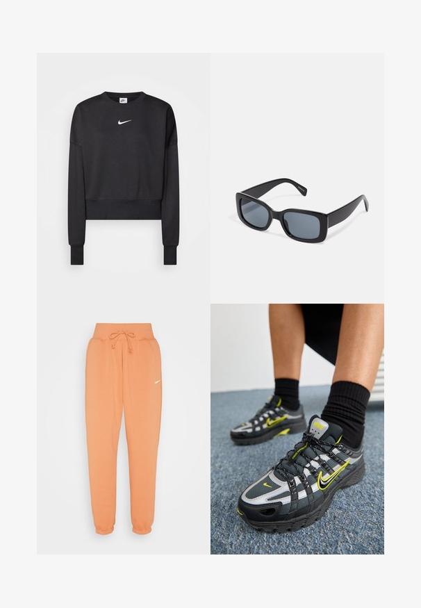 Zwarte cropped sweatshirt van een katoenmix, met een ronde halslijn, lange mouwen en een wit Nike-logo op de borst.; Nike Sportswear W PHNX FLC HR OS - Trainingsbroek - amber brown/sail; Zwarte en grijze sport schoenen met reflecterende zilveren accenten, gestructureerde meshpanelen en felgele details. Vetersluiting met een gestructureerde zool.; Zwarte rechthoekige zonnebril met donkere getinte lenzen, een dik plastic montuur en brede scharnieren. Glad oppervlak en hoekig ontwerp.