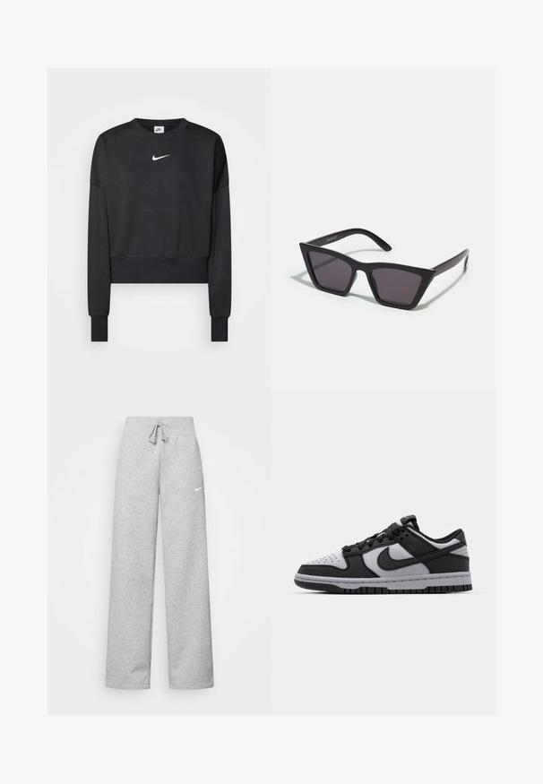 Zwarte cropped sweatshirt van een katoenmix, met een ronde halslijn, lange mouwen en een wit Nike-logo op de borst.; Grijze sweatpants met een elastische tailleband, een trekkoord-detail en een klein wit Nike-logo op de linkerdij. Zachte stof, losvallend.; Zwarte en grijze Nike Dunk lage sneakers met geperforeerde neus, gladde leren accenten en rubberen zool met een gestructureerd profiel.; Zwarte, hoekige zonnebril met grijze lenzen; gemaakt van plastic, met dikke armen met een gladde oppervlakte en zonder zichtbare hardware.