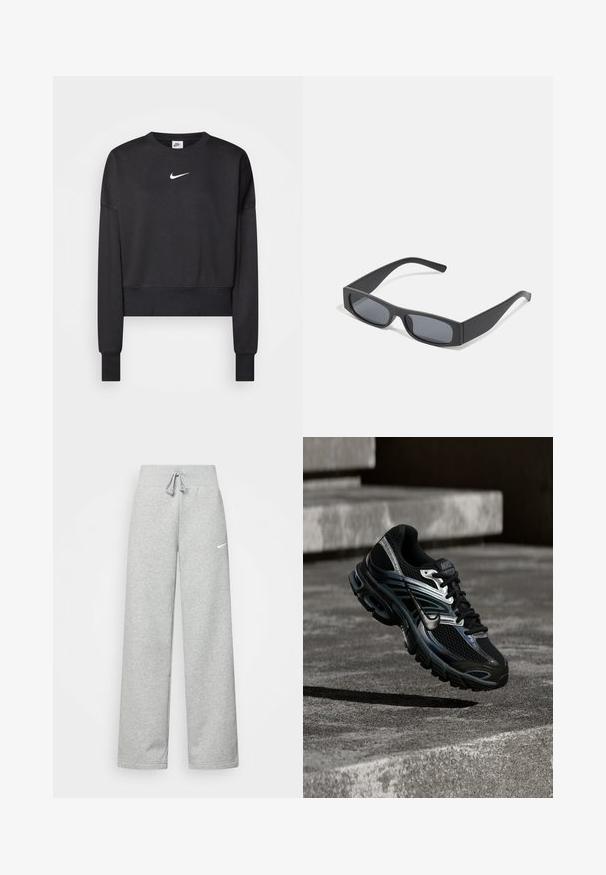 Schwarzer, verkürzter Sweatshirt aus Baumwollmischung mit Rundhalsausschnitt, langen Ärmeln und einem weißen Nike-Logo auf der Brust.; Graue Jogginghose mit elastischem Bund, Kordelzug und kleinem weißen Nike-Logo am linken Oberschenkel. Weicher Stoff, locker sitzend.; Schwarzer und silberner Nike Laufschuh, der über Betontreppen schwebt und im Außenbereich detailliertes Design und strukturierte Sohle zeigt.; Schwarze rechteckige Sonnenbrillen mit dunklen Gläsern und dicken matten Rahmen. Die Bügel sind leicht verjüngt und haben eine glatte Oberfläche.