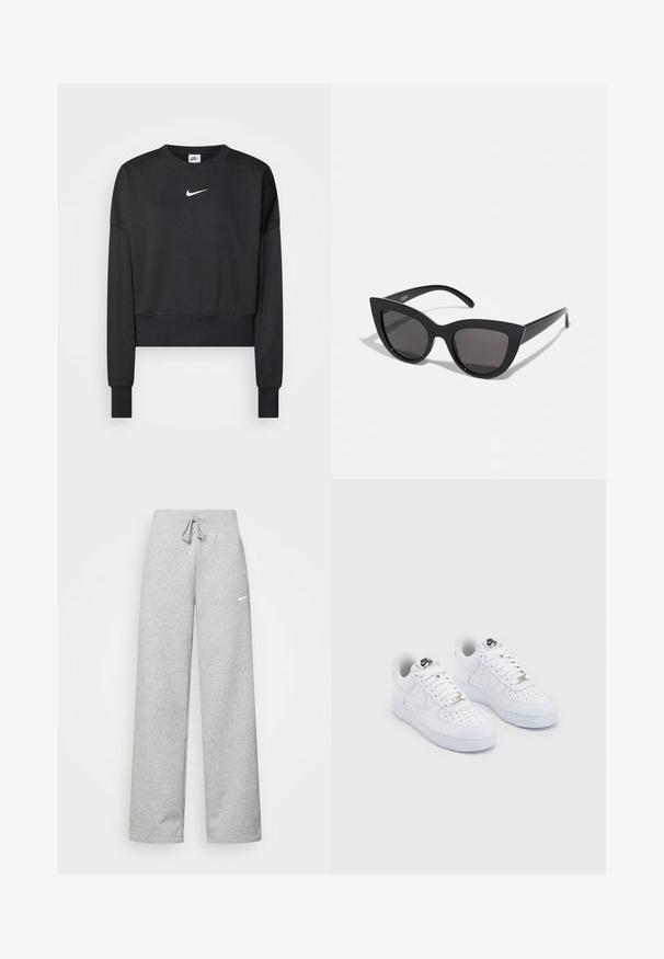 Zwarte cropped sweatshirt van een katoenmix, met een ronde halslijn, lange mouwen en een wit Nike-logo op de borst.; Grijze sweatpants met een elastische tailleband, een trekkoord-detail en een klein wit Nike-logo op de linkerdij. Zachte stof, losvallend.; Witte Nike Air Force 1 sneakers met een glad leren bovenwerk, geperforeerde teenbox, witte veters en zwarte branding op de tong.; Zwarte cat-eye zonnebril met een matte afwerking, voorzien van grijs getinte glazen, scherpe hoeken en slanke zijarmen. Merkennaam zichtbaar op de binnenarm.