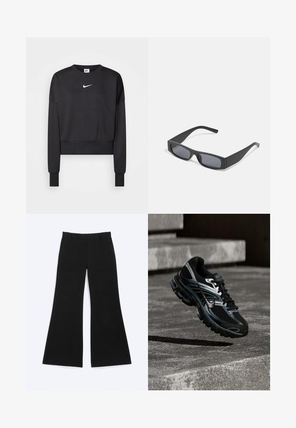 Zwarte cropped sweatshirt van een katoenmix, met een ronde halslijn, lange mouwen en een wit Nike-logo op de borst.; Zwarte broek met wijde pijpen, riemlussen en zijzakken, plat weergegeven op een witte achtergrond.; Zwart-zilveren Nike hardloopschoen zwevend boven betonnen trappen, met een gedetailleerd ontwerp en een getextureerde zool in een buitenomgeving.; Zwarte rechthoekige zonnebril met donkere lenzen en dikke matte monturen. De zijstukken zijn licht taps toelopend met een gladde textuur.
