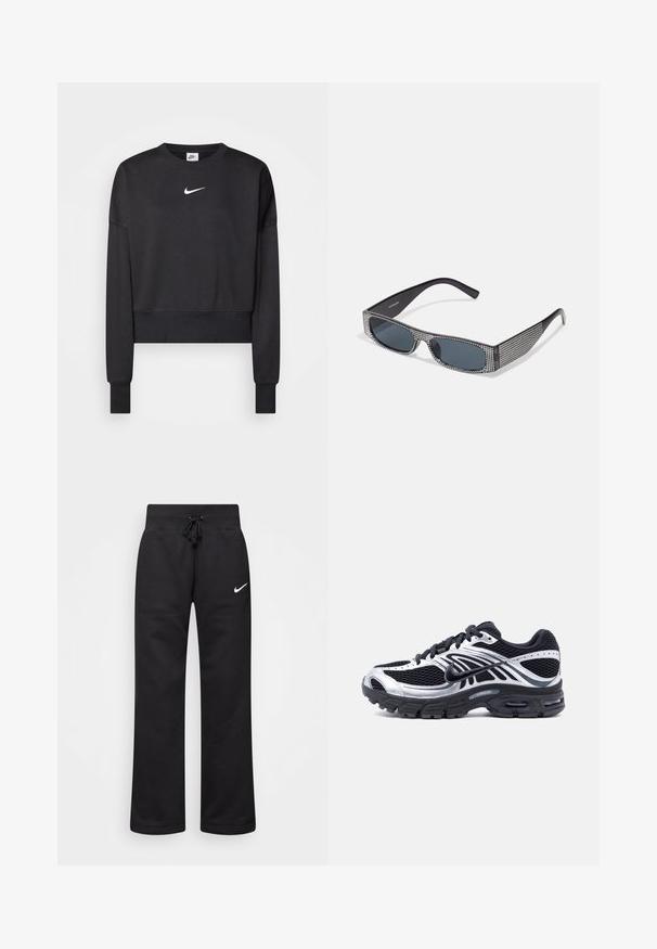 Zwarte cropped sweatshirt van een katoenmix, met een ronde halslijn, lange mouwen en een wit Nike-logo op de borst.; Zwarte sweatpants van een katoenmix, voorzien van een tailleband met koord, rechte pijpen, en een wit Nike-logo aan de linkerzijde.; Zwart-zilveren Nike hardloopschoen met een bovenwerk van mesh, een zool met luchtkussen en veters, zijaanzicht op een witte achtergrond.; Zwarte zonnebril met grijze lenzen, versierd met een rasterpatroon van kleine metalen strass-steentjes langs het montuur. Gladde afwerking, hoekig ontwerp.