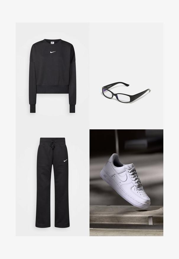 Čierna krátka mikina vyrobená z bavlnenej zmesi, s okrúhlym výstrihom, dlhými rukávmi a bielym logom Nike na hrudi.; Čierne tepláky vyrobené z bavlnenej zmesi, s elastickým pásom na šnúrku, rovnými nohavicami a bielym logom Nike na ľavej strane.; Biele tenisky Nike Air Force 1 vznášajúce sa nad betónovým povrchom so tieňmi v minimalistickom prostredí.; Čierne obdĺžnikové okuliare s priehľadnými šošovkami. Lesklý povrch, úzke ramená a fialový nádych viditeľný na okrajoch šošoviek.