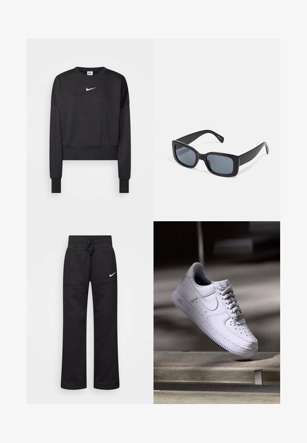 Schwarzer, verkürzter Sweatshirt aus Baumwollmischung mit Rundhalsausschnitt, langen Ärmeln und einem weißen Nike-Logo auf der Brust.; Schwarze Sweatpants aus einem Baumwollmix, mit einem Kordelzugbund, geraden Beinen und einem weißen Nike-Logo auf der linken Seite.; Weißer Nike Air Force 1 Sneaker schwebt über einer Betonoberfläche mit Schatten in einem minimalistischen Umfeld.; Schwarze rechteckige Sonnenbrille mit dunkel getönten Gläsern, dickem Kunstrahmen und breiten Bügeln. Glatte Oberfläche und kantiges Design.