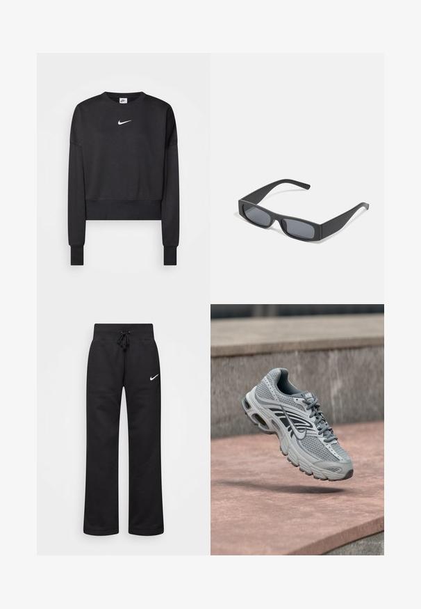 Sort cropped sweatshirt lavet af en blanding af bomuld, med rund halsudskæring, lange ærmer og et hvidt Nike-logo på brystet.; Sorte sweatpants lavet af en bomuldsblanding, med en snøre i taljen, lige ben og et hvidt Nike-logo på venstre side.; Lys grå og hvid Nike løbesko med mesh-design, svævende over en stenet overflade udendørs.; Sorte rektangulære solbriller med mørke linser og tykke matte stel. Armen er let tilspidset med en glat overflade.