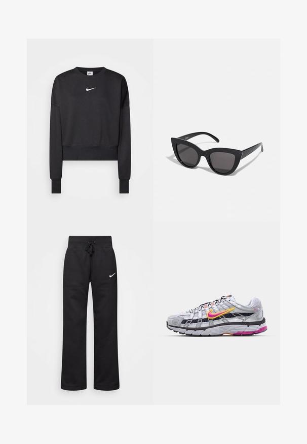 Sort cropped sweatshirt lavet af en blanding af bomuld, med rund halsudskæring, lange ærmer og et hvidt Nike-logo på brystet.; Sorte sweatpants lavet af en bomuldsblanding, med en snøre i taljen, lige ben og et hvidt Nike-logo på venstre side.; Grå mesh løbesko med en karakteristisk pink og gul swoosh, sorte accenter og en tekstureret gummisål. Har forstærket tå og polstret krave.; Sorte cat-eye solbriller med mat finish, der har grå tonede linser, skarpe vinkler og slanke sidearme. Mærkenavnet er synligt på den indre arm.