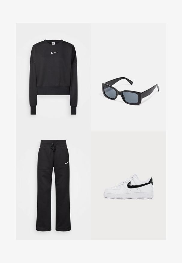 Schwarzer, verkürzter Sweatshirt aus Baumwollmischung mit Rundhalsausschnitt, langen Ärmeln und einem weißen Nike-Logo auf der Brust.; Schwarze Sweatpants aus einem Baumwollmix, mit einem Kordelzugbund, geraden Beinen und einem weißen Nike-Logo auf der linken Seite.; Weißer Low-Top-Sneaker mit schwarzem Nike-Swoosh und Fersendetail, Schnürdesign und perforierter Zehenpartie auf hellem, einfarbigem Hintergrund.; Schwarze rechteckige Sonnenbrille mit dunkel getönten Gläsern, dickem Kunstrahmen und breiten Bügeln. Glatte Oberfläche und kantiges Design.