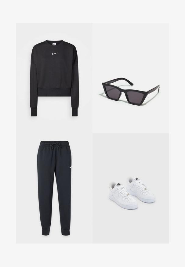 Schwarzer, verkürzter Sweatshirt aus Baumwollmischung mit Rundhalsausschnitt, langen Ärmeln und einem weißen Nike-Logo auf der Brust.; Schwarze Nike Jogginghose mit elastischem Bund und Kordelzug, schmal zulaufenden Beinen, Bündchen an den Knöcheln und kleinem weißen Nike-Swoosh am rechten Oberschenkel.; Weiße Nike Air Force 1 Sneaker mit einem geschmeidigen Obermaterial aus Leder, perforierter Zehenbox, weißen Schnürsenkeln und schwarzem Branding auf der Zunge.; Schwarze, eckige Sonnenbrille mit grauen Gläsern; aus Kunststoff gefertigt, mit dicken Bügeln, die eine glatte Oberfläche und keine sichtbaren Beschläge haben.