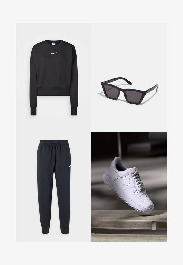 Zwarte cropped sweatshirt van een katoenmix, met een ronde halslijn, lange mouwen en een wit Nike-logo op de borst.; Zwarte Nike sweatpants met elastische tailleband en trekkoord, taps toelopende pijpen, geribbelde enkels en een kleine witte Nike-swoosh op de rechterdij.; Witte Nike Air Force 1 sneaker die zweeft boven een betonnen oppervlak met schaduwen in een minimalistische setting.; Zwarte, hoekige zonnebril met grijze lenzen; gemaakt van plastic, met dikke armen met een gladde oppervlakte en zonder zichtbare hardware.
