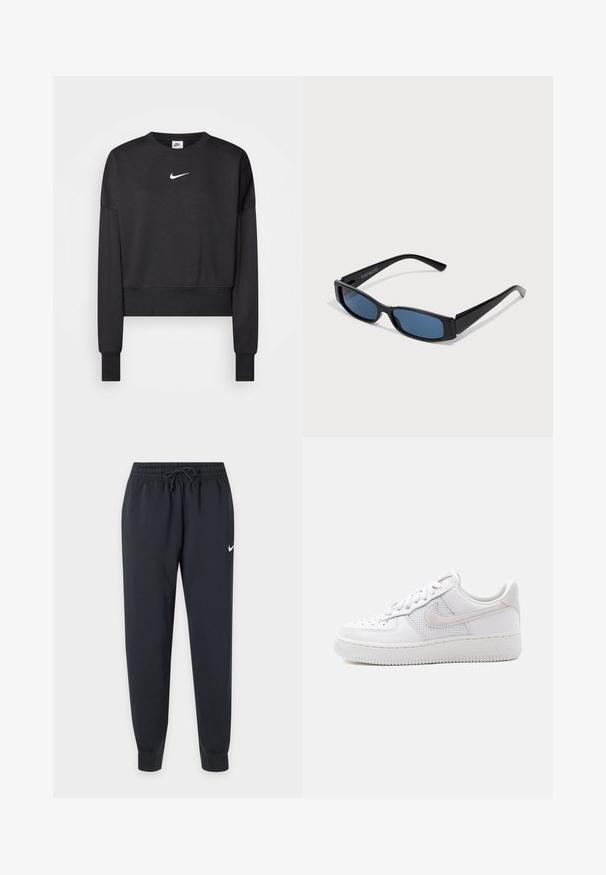Sort cropped sweatshirt lavet af en blanding af bomuld, med rund halsudskæring, lange ærmer og et hvidt Nike-logo på brystet.; Sorte Nike joggingbukser med elastisk talje og snøre, tilspidsede ben, manchetter ved anklerne og lille hvid Nike swoosh på højre lår.; Hvid Nike Air Force 1 sneaker med lavt snit, hvide snørebånd, perforeringer på tåboksen og netpanel bag Nike swoosh-logoet.; Sorte solbriller med en slank rektangulær ramme og blå linser. Har en glat overflade og robuste stænger. Mærkets logo på siden.