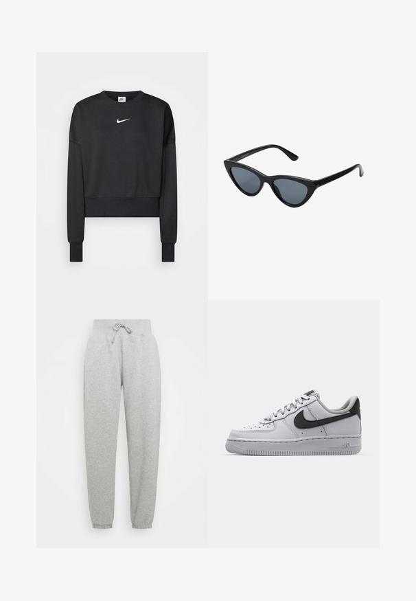 Schwarzer, verkürzter Sweatshirt aus Baumwollmischung mit Rundhalsausschnitt, langen Ärmeln und einem weißen Nike-Logo auf der Brust.; Graue Sweatpants mit elastischem Bund, verstellbarem Kordelzug und gerippten Bündchen. Aus weichem Stoff; ausgestattet mit zwei Seitentaschen.; Weißes Leder-Sneaker mit grauen Akzenten, runde Zehenpartie, strukturierte Oberfläche, gepolsterter Kragen und kontrastierendes schwarzes Swoosh-Logo. Luftgepolsterte Sohle.; Schwarze Cat-Eye-Sonnenbrille mit dunkelgrauen Gläsern, schlankem Kunststoffrahmen, spitzen Ecken und geraden Bügeln. Keine sichtbaren Befestigungen oder Akzente.